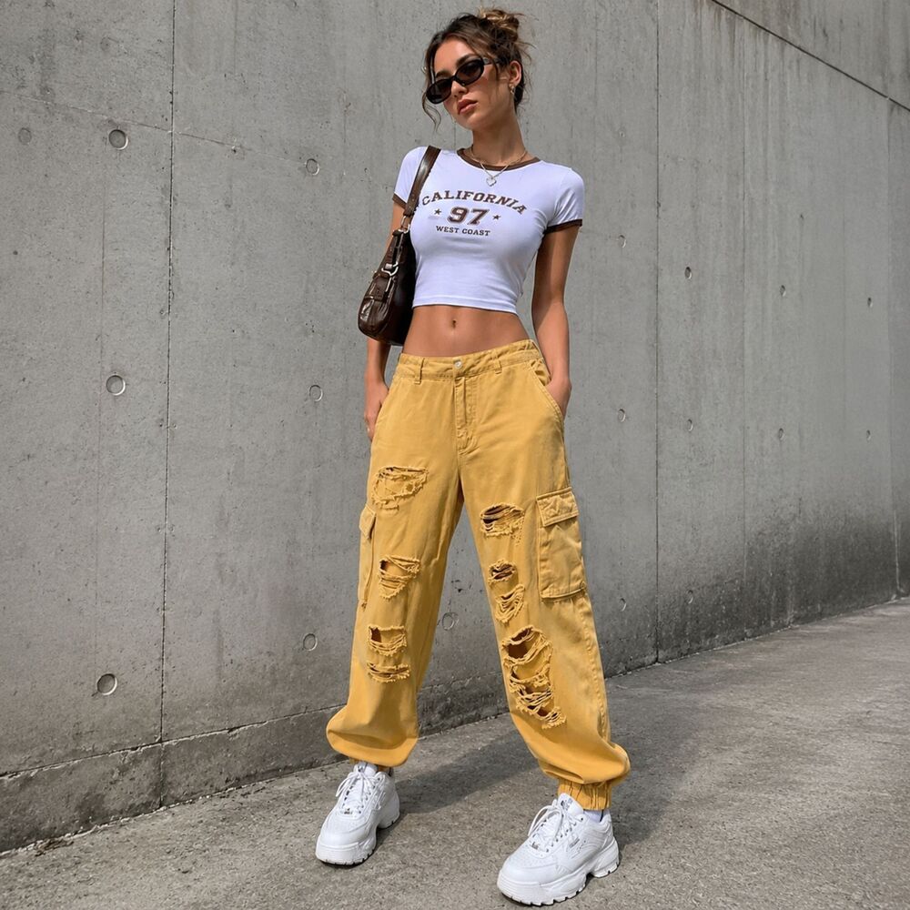Forever 21 Cargo Jogger Pants XS Mustard Yellow Distressed Y2K Utility Grunge